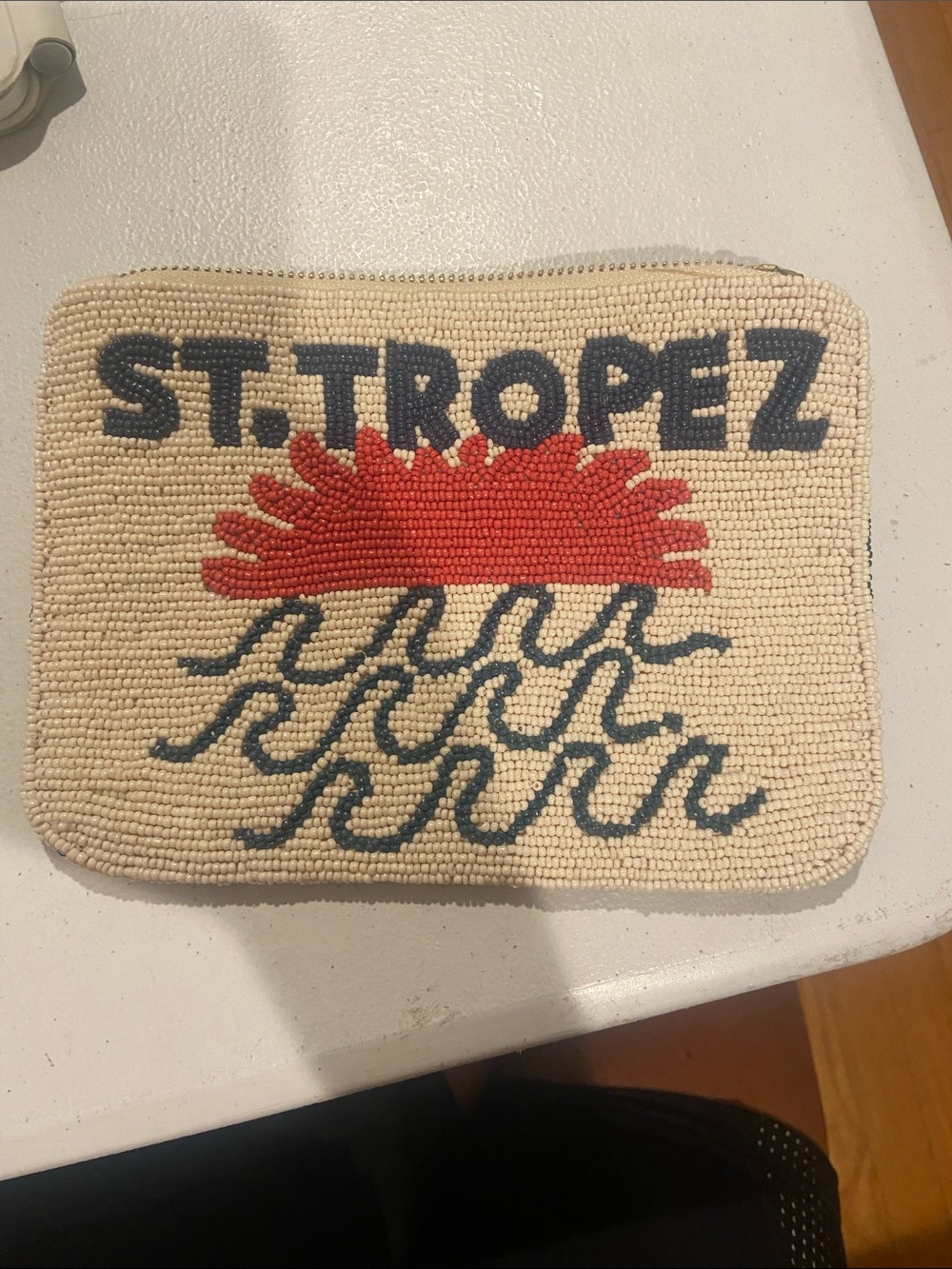 St. Tropez Cream Beaded Pouch with Red Sun and Navy Waves